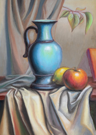 Still life with fruit, a blue vase and some drapery. Traditional painting on paper.の写真素材