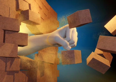 Punching through a brick wall. Digital illustration, 3D rendering.の写真素材