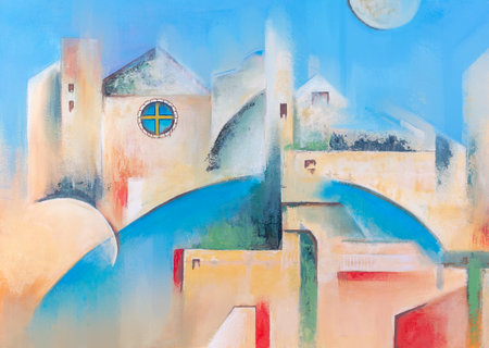 Abstract painting with geometric shapes creating a cityscape. Mixed media on paperの写真素材