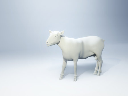 Side view of a white sheep sculpture over a brightly lit background. Digital illustration, 3D render.の写真素材