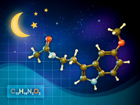 Melatonin molecule formula and 3D diagram, over a night sky background with the moon and some stars. Digital illustration, 3D renderの写真素材