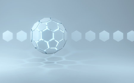 Futuristic background with a sphere made up of hexagons and pentagons. Digital illustration, 3D rendering.の写真素材