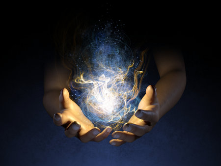 Open hands creating a glowing energy mass. Digital illustration, 3D rendering.の写真素材