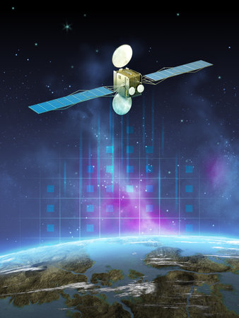 Modern communication satellite floating in space, close to an Earth-like planet.Digital illustration, 3D render.の写真素材