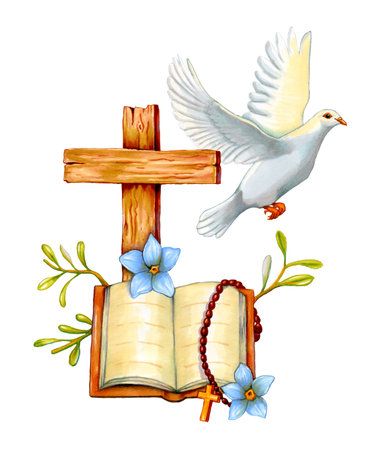Christian cross with a holy book and a white dove. Traditional illustration on paper.の写真素材