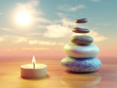 Floating meditation stones and candle. Digital illustration, 3D render.の写真素材