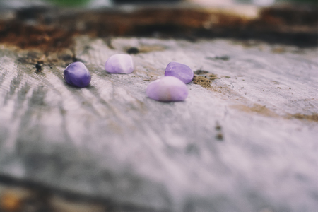 A side view of different kinds of amethysts on a rock.の写真素材