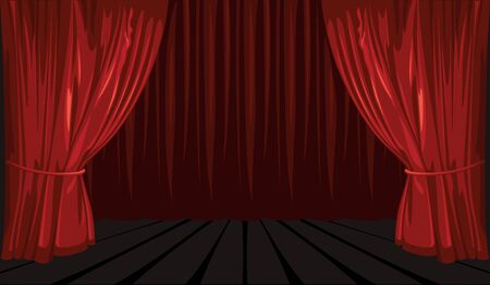 Theater and entertainment shows premiere template with opened and closed red beautiful curtains in cartoon style vector illustrationのイラスト素材