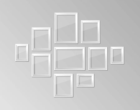 Wall photo frames. Exhibition or art gallery retro picture frame set, decoration empty blank borders isolated on background, Vector illustrationのイラスト素材