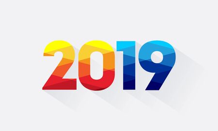 2019 A Happy New Year greetings. Abstract celebrating congratulating stained glass numbers. Jubilee or birthday logotype. 1, 2, 10th 20th 90th 12th 21 years old or % off multicolored illustration.のイラスト素材