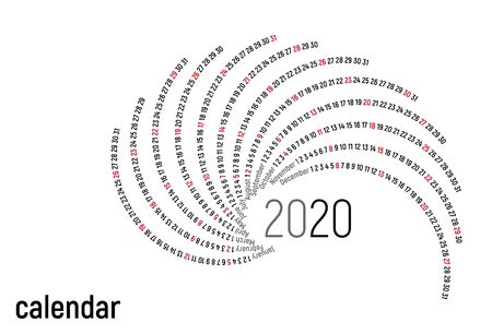 2020 Calendar Template. Spiral calendar.Calendar 2020 Set of 12 Months.Yearly calendar vector design stationery template.Vector illustration.のイラスト素材