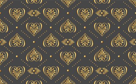 Golden curl seamless pattern. Gold glitter and dark pattern. Flower texture. Glowing royal lily pattern. Vintage design for card, wallpaper, wrapping, textiles, etc. Vector illustrationのイラスト素材