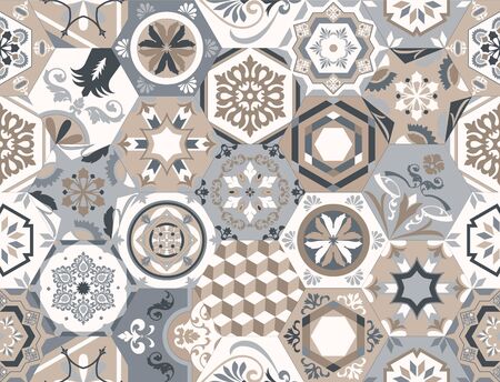 Vector seamless texture. Beautiful mega patchwork pattern for design and fashion with decorative elements in hexagon. Portuguese tiles, Azulejo, Moroccan ornamentsのイラスト素材