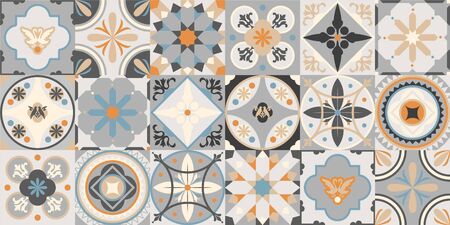 Talavera pattern. Indian patchwork. Azulejos portugal. Turkish ornament. Moroccan tile mosaic. Ceramic tableware, folk print. Spanish pottery. Ethnic background. Mediterranean seamless wallpaper.のイラスト素材