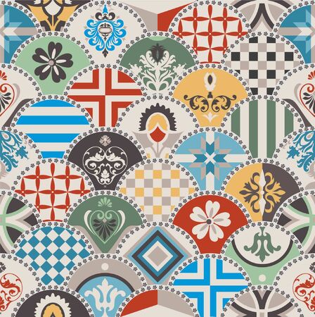 Seamless ceramic tile with colorful patchwork. Vintage multicolor pattern in minimally style. Endless pattern can be used for ceramic tile, wallpaper, linoleum, textile, web page background. Vector.のイラスト素材