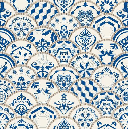 Seamless tile pattern. Colorful lisbon, mediterranean floral ornament pattern. Round flower blue mosaic. Islam, Arabic, Indian, Turkish, Pakistan, Chinese Moroccan, Portuguese Ottoman motifs. Vectorのイラスト素材