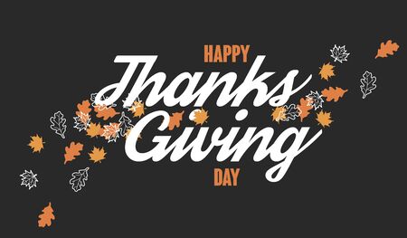 Thanksgiving Day card with pumpkins and Maple Leaves. Handwritten modern calligraphy inscription. Hand drawn doodles. Holiday autumn background. Vector illustration. Brush lettering.のイラスト素材