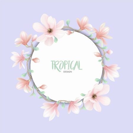 Tender wedding floral frame vector design. Magnolia, pink flowers. Set of colorful objects. All elements are isolated and editable.のイラスト素材
