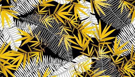 Tropic seamless pattern with yellow bamboo. Vector Leaves of philodendron and palm. Exotic summer...