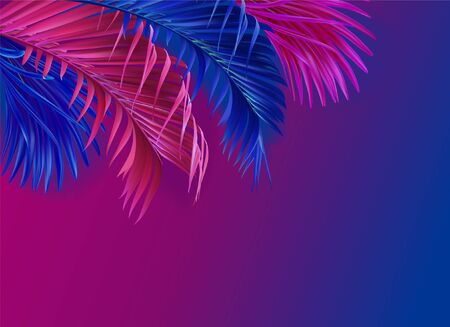 Red blue neon light, trendy background with tropical vector plant and leafのイラスト素材