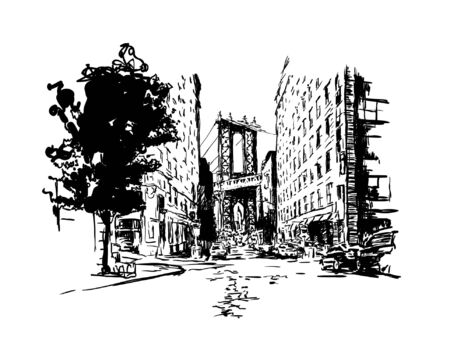 Manhattan bridge, street, vintage vector illustration engraving, hand drawn, sketch. Vector illustrationのイラスト素材