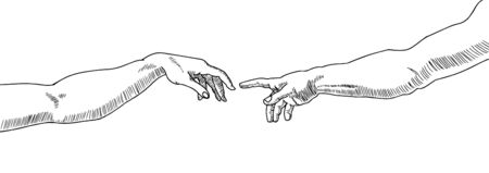 Vector drawing of two hands that try to helping reaches or touch and praying. Two hands. Protection, care, hand gesture. Handshake of friendship support isolated on white background.のイラスト素材