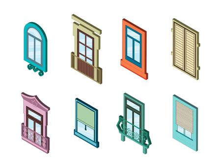 Glass Windows Set Decoration Building Construction Element Urban Street Architecture Isometric View. Vector illustrationのイラスト素材