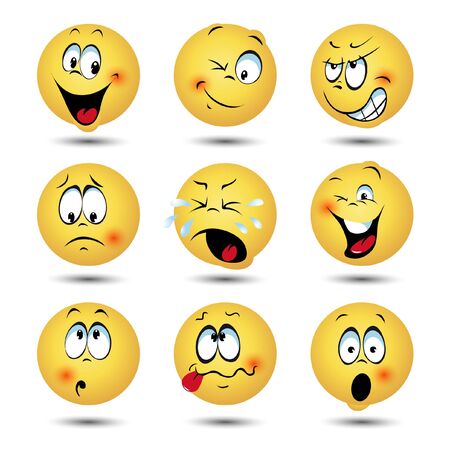 Set of yellow round emoticons or emoji illustration icons. Smile icons vector illustration isolated on white background.のイラスト素材