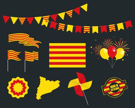 National holiday. Catalonia Independence Day set of vector design elements made in Catalonia. Map, flags, ribbons, turntables, sockets. Vector symbolism, set for your info graphic. 11 Septemberのイラスト素材