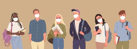 Group of people wearing medical masks to prevent disease, flu, air pollution, contaminated air, world pollution. Vector illustration in a flat styleのイラスト素材