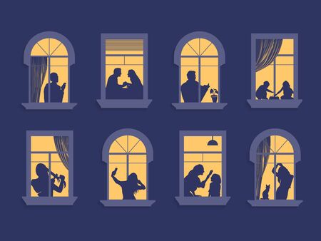 Neighbors in the windows. Cartoon characters in their apartment listen to music, children play and...