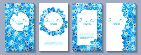 Vector botanical banners with blue forget-me-not flowers. Romantic design for natural cosmetics, perfumes, women's products. Can be used as a greeting card or wedding invitation.のイラスト素材