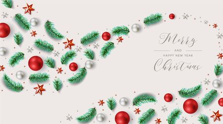 White wavy geometric Christmas background from green spruce branches and red balls, stars, beads. Chic Christmas card. Vectorのイラスト素材