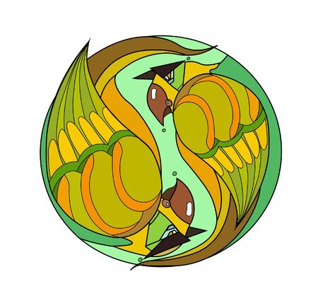 Two beautiful little green and yellow parrot birds on a green circle background. Vector illustration. Logoのイラスト素材