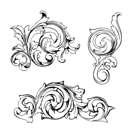 Vintage Baroque Victorian frame border tattoo floral ornament leaf scroll engraved retro flower pattern decorative design tattoo black and white filigree calligraphic vector heraldic swirl set のイラスト素材