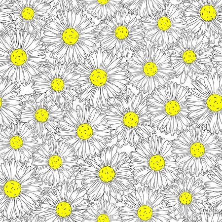 Seamless floral background with camomiles. Hand drawn floral seamless pattern. Chamomile black ink sketch. Print for fabric.のイラスト素材