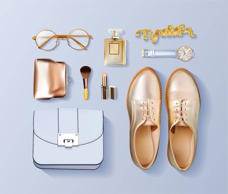 Vector set of Feminine accessories with handbag, watch, toilet water and beauty products. のイラスト素材