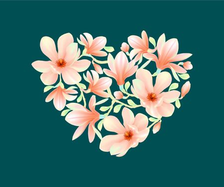 Vector pink magnolia heart shaped flowers on dark backgroundのイラスト素材