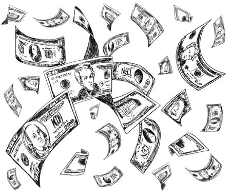 Vector Set of Money. Hand Drawn doodle Dollar Banknotes and Coins. Falling billsのイラスト素材