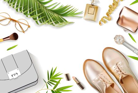 Frame with glasses, golden shoes and makeup cosmetics kit and other accessories on white background. Composition in gold colour. Flat lay, top view. Vector illustrationのイラスト素材