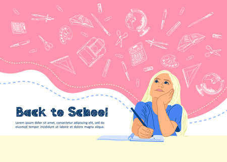 Set of school design back to school. Advertising banner, flyer, poster, invitation. Female student reading a book, flat design, vector.のイラスト素材