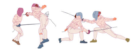 Set of fencing athletes. Fencing championship. Colorful drawing. Fencer at tournament. Fighting...