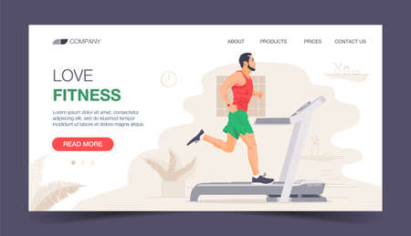 Running Fitness Character Design for Landing Page. Jogging Man Run in Gym. Healthy Urban Workout Training Lifestyle Website Concept. Flat Cartoon Vector Illustrationのイラスト素材