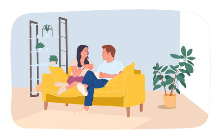 Hugging Couple in Love Sit Together on Sofa Illustration. Flat Cartoon Man and Woman Rest and Relax. Married Couple in Living Room at Home. Romantic Relationship and Love. Vector Illustrationのイラスト素材