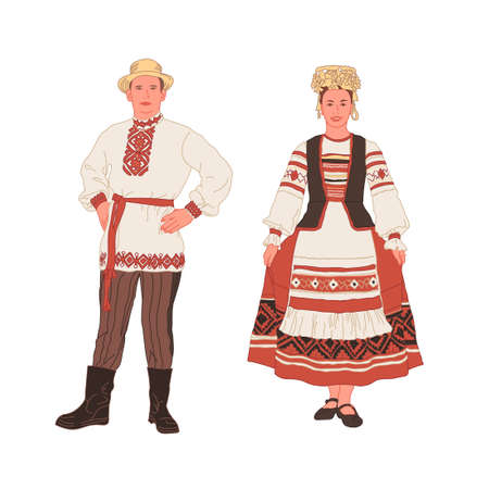Handsome smiling young man and girl in Belarusian, Slavic, Russian national costume on a white background. Full length. Vectorのイラスト素材