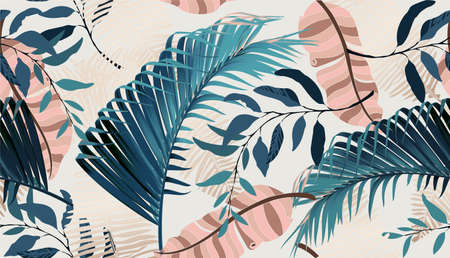 Exotic tropical vector background with Hawaiian plants and flowers. Palm leaves background. Vector...