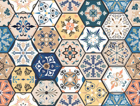 Gorgeous seamless patchwork pattern from colorful Moroccan, Portuguese tiles, Azulejo, ornaments. Can be used for wallpaper, fill patterns, web page background, surface textures.のイラスト素材