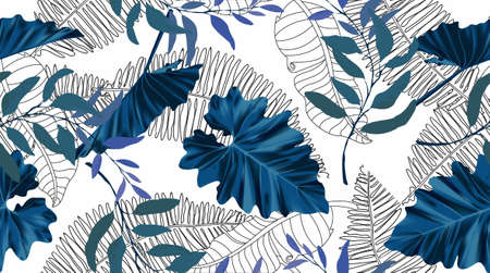 Exotic tropical vector background with Hawaiian plants and flowers. Elephant ear, tarot, big heart, background. Seamless vector pattern with jungle leave in trendy style.のイラスト素材