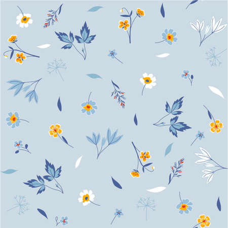 Floral pattern Floral in blooming botanical motifs are scattered at random. Geometric seamless vector texture. For trendy prints. Hand drawn print in light blue background styleのイラスト素材