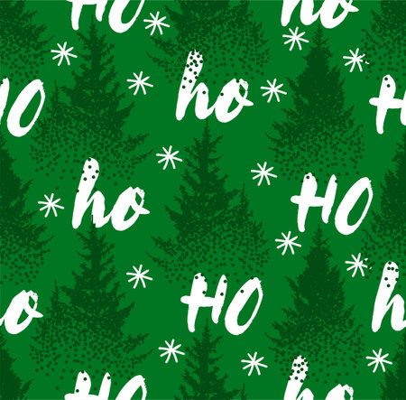 Hohoho pattern, Santa Claus laugh. Seamless texture for Christmas design with Fir Trees and Pines in Snow. Vector green background with handwritten word's ho.のイラスト素材